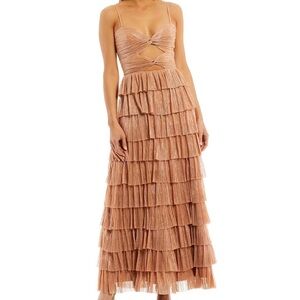 Gianni Bini Grace Metallic Plisse Sweetheart Neck Cut-Out Tiered Prom Dress